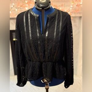 Express Faux Leather & Lace Long Sleeve Peplum Top, Size L